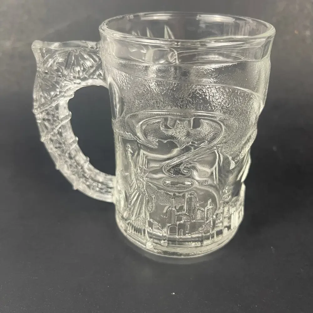 Vintage McDonalds Embossed 3D Design Mugs Batman Forever Glass Collectible 8 oz.